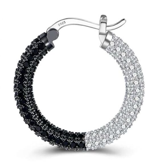 14K White Gold Sterling Silver and Diamond and Onyx Cubic Zirconia Hoop Earrings - Picture 2 of 6